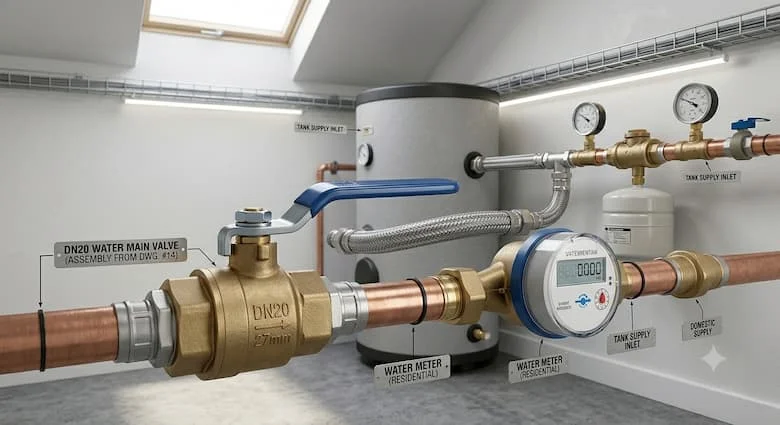 một hệ thống cấp nước sinh hoạt thực tế với van nước bằng đồng thau DN20 được lắp đặt trên đường ống nước gia đình, đồng hồ nước, kết nối với bồn chứa nước, lắp đặt đường ống chuyên nghiệp, môi trường nhà hiện đại