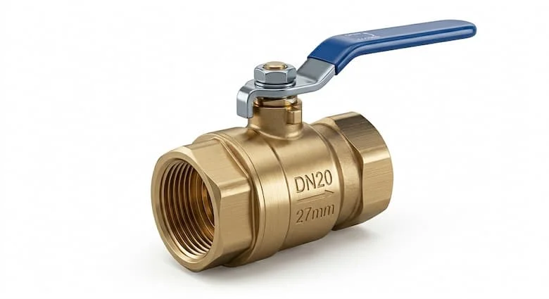 hình ảnh chụp sản phẩm chuyên nghiệp về van nước bằng đồng thau chất lượng cao DN20 (27mm), thân bằng đồng thau đánh bóng, tay cầm màu xanh lam, kết nối ren, linh kiện đường ống công nghiệp