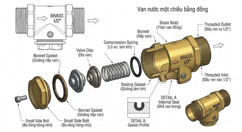 sơ đồ kỹ thuật chi tiết các bộ phận của van một chiều bằng đồng thau, thể hiện tất cả các thành phần bên trong bao gồm thân van bằng đồng thau, đĩa van, lò xo, gioăng làm kín, đầu ren, nắp van,
