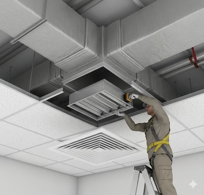 một cảnh lắp đặt 3D thực tế về việc lắp đặt van điều tiết OBD của hệ thống HVAC phía sau bộ khuếch tán khí trên trần nhà. Thể hiện hình ảnh kỹ thuật viên hoặc hình người đơn giản đang lắp đặt van điều tiết bên trong hệ thống ống dẫn khí trên trần nhà