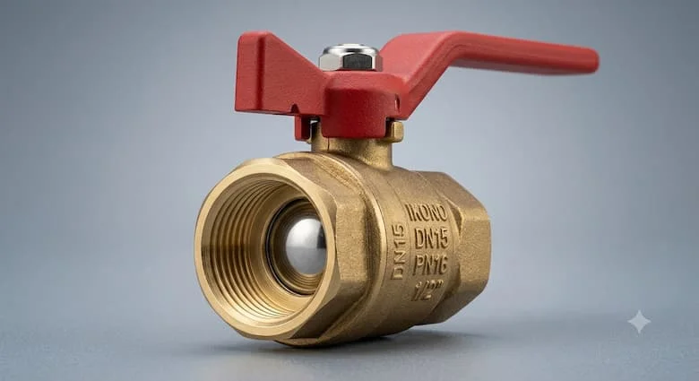 hình ảnh cận cảnh (close-up) chất lượng 4K của một van bi ống 21 (DN15 - 1/2 inch) bằng đồng với tay gạt màu đỏ. Hiển thị rõ ren trong, thân van, tay gạt, các chi tiết gia công sắc nét và bề mặt kim loại sáng bóng
