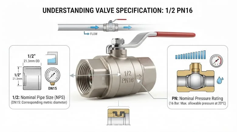 một infographic kỹ thuật chuyên nghiệp giải thích thông số kỹ thuật "1/2 PN16" được sử dụng trên các van công nghiệp