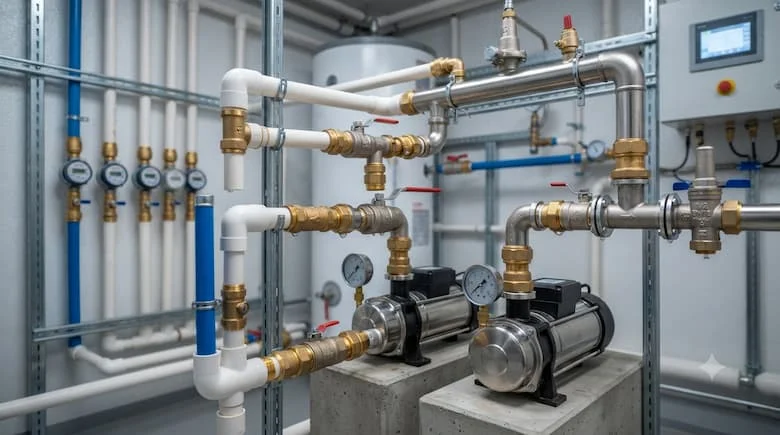 một cảnh lắp đặt hệ thống đường ống công nghiệp thực tế, thể hiện các van ren 1/2 PN16 được lắp đặt trong đường ống cấp nước dân dụng và thương mại.