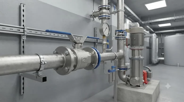 Hệ thống đường ống công nghiệp thực tế với van bi bằng thép không gỉ 2 inch được lắp đặt trên đường ống phân phối nước bên trong một nhà máy hiện đại