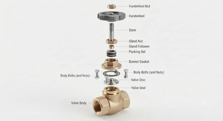 hình minh họa chi tiết dạng tháo rời của van cầu 3/8 inch, thể hiện tất cả các bộ phận bên trong bao gồm thân van, nắp van, trục van, tay quay, đĩa van, đế van, gioăng, đai ốc, vòng đệm, đầu ren và các bộ phận lắp ráp