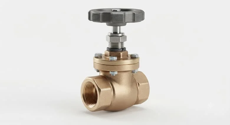 bản dựng 3D sản phẩm siêu thực của một van cầu 3/8 inch với kết nối ren BSP/NPT, có thân bằng đồng thau rèn hoặc thép không gỉ, tay quay, trục được gia công chính xác, nắp và các bộ phận làm kín bền bỉ