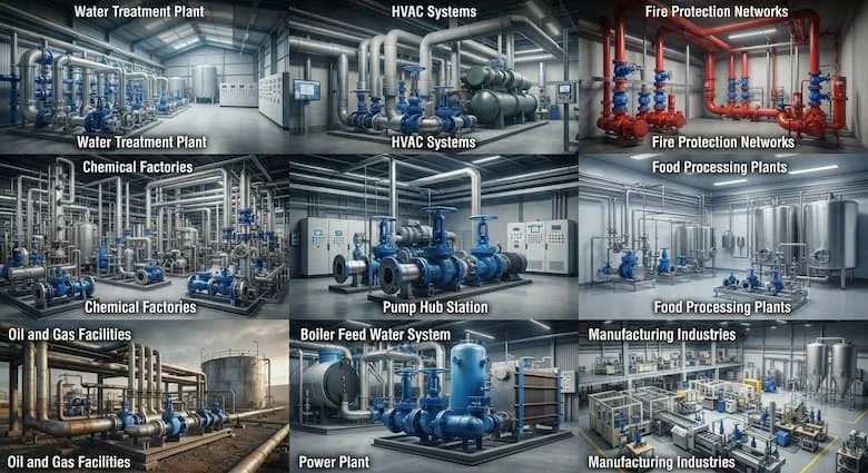 một bức tranh ghép công nghiệp thực tế thể hiện các van công nghiệp JIS 6K/7K được sử dụng trong các nhà máy xử lý nước, hệ thống HVAC, mạng lưới phòng cháy chữa cháy, nhà máy hóa chất, nhà máy chế biến thực phẩm, cơ sở dầu khí, các ngành công nghiệp sản xuất và nhà máy điện
