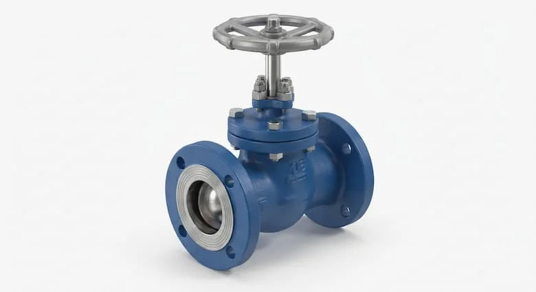 bản dựng 3D sản phẩm siêu thực của một van mặt bích công nghiệp JIS 6K/7K có thân bằng gang dẻo chịu lực cao với lớp phủ epoxy màu xanh lam, các mối nối mặt bích được gia công chính xác, các bộ phận bên trong bằng thép không gỉ và kết cấu đạt tiêu chuẩn công nghiệp.