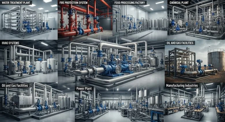  một bức tranh ghép công nghiệp chân thực thể hiện các van cao cấp lấy cảm hứng từ kỹ thuật Arita được sử dụng trong các nhà máy xử lý nước, hệ thống phòng cháy chữa cháy, nhà máy chế biến thực phẩm, nhà máy hóa chất, hệ thống HVAC, các cơ sở dầu khí, nhà máy điện và các ngành công nghiệp sản xuất