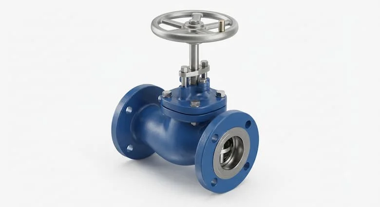  bản dựng 3D sản phẩm siêu thực của một van công nghiệp cao cấp lấy cảm hứng từ thiết kế van Arita, với thân van bằng gang dẻo bền chắc được phủ lớp epoxy màu xanh lam, các bộ phận bên trong bằng thép không gỉ, các mối nối mặt bích, kết cấu được gia công chính xác và kỹ thuật đạt tiêu chuẩn công nghiệp
