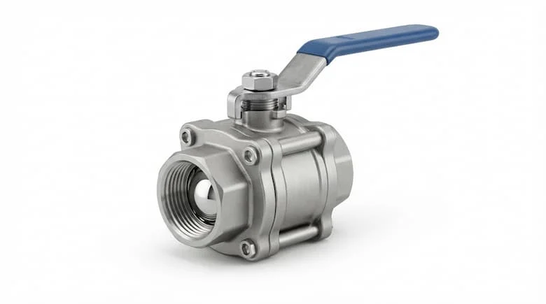 Van có thân van bằng thép không gỉ với bi van mạ crôm bóng, gioăng PTFE, trục van được gia công chính xác và tay cầm cần gạt màu xanh bền chắc.