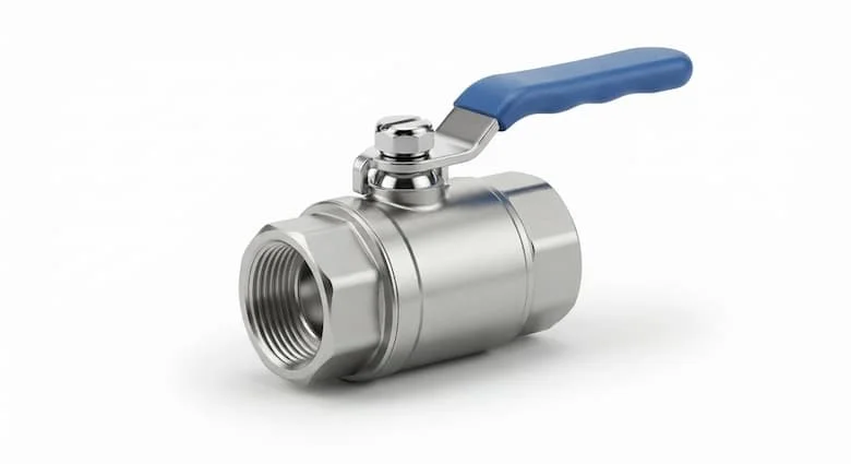 hình ảnh sản phẩm chân thực của một van bi bằng thép không gỉ nguyên khối cao cấp (Van bi 1 mảnh) được đặt riêng biệt trên nền trắng tinh khiết. Van có thiết kế thân liền khối nhỏ gọn, cấu tạo bằng thép không gỉ được gia công chính xác, đầu nối ren trong, bi mạ crôm bóng, gioăng PTFE và tay cầm cần gạt màu xanh lam tiện dụng