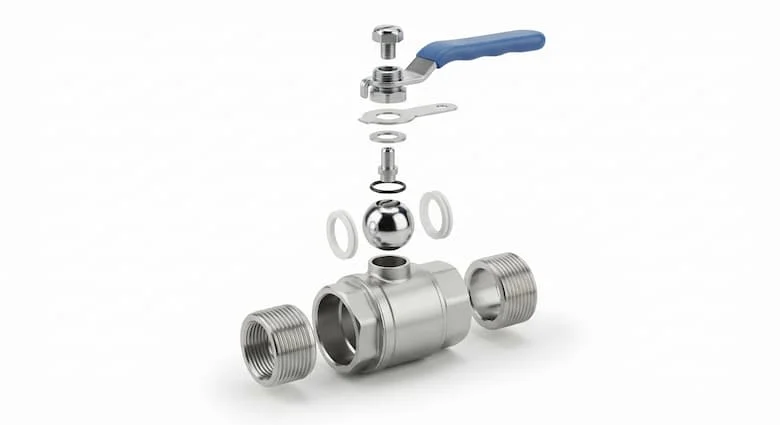 bản vẽ kỹ thuật 3D chi tiết dạng hình chiếu tách rời của van bi thép không gỉ nguyên khối. Hiển thị riêng biệt tất cả các bộ phận bên trong, bao gồm thân van nguyên khối, bi mạ crom, gioăng PTFE, trục van, phớt trục van, vòng đệm chặn, gioăng làm kín, tay cầm, đai ốc tay cầm, thiết bị khóa và các đầu nối ren