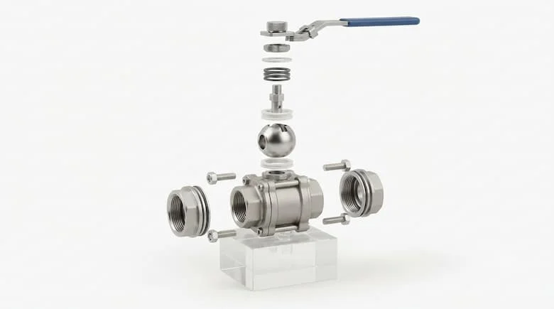 Hình ảnh chi tiết thể hiện các bộ phận bên trong của một van bi thép rèn 2000 PSI, bao gồm thân van rèn, bi thép không gỉ gia công chính xác, trục van, gioăng PTFE, vòng chữ O