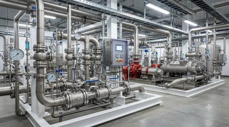 Hệ thống đường ống áp suất cao công nghiệp hiện đại với nhiều van bi thép rèn 2000 PSI được lắp đặt trong một nhà máy chế biến dầu khí. Bao gồm đường ống thép không gỉ