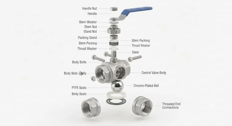 hình minh họa chi tiết dạng tháo rời của van bi 25mm (DN25), thể hiện tất cả các bộ phận bên trong bao gồm thân van, bi mạ crom, trục van, gioăng PTFE, vòng chữ O, phớt, vòng đệm, tay gạt, các đầu nối ren, nắp van và các bộ phận lắp ráp.
