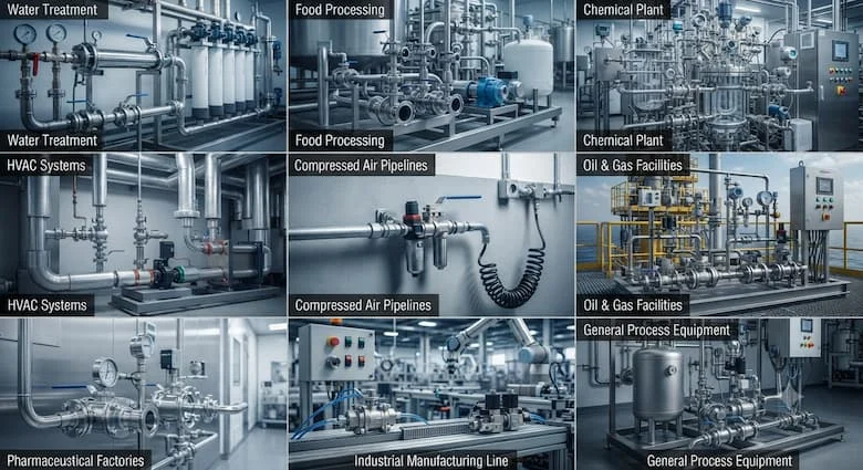 một bức tranh ghép công nghiệp thực tế thể hiện các van bi 25mm được sử dụng trong các nhà máy xử lý nước, nhà máy chế biến thực phẩm, nhà máy hóa chất, hệ thống HVAC, đường ống khí nén, các cơ sở dầu khí, nhà máy dược phẩm và dây chuyền sản xuất công nghiệp