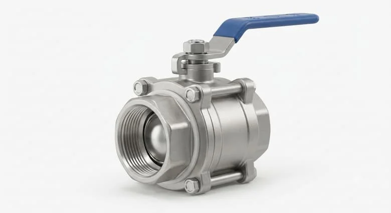 hình ảnh 3D siêu thực của van bi 25mm (DN25, van bi 1 inch) dùng cho hệ thống đường ống công nghiệp. Van có thân bằng thép không gỉ 304 với tay cầm cần gạt màu xanh lam, thiết kế toàn đường kính, kết nối ren trong, bi được gia công chính xác, gioăng PTFE và lớp phủ chống ăn mòn.