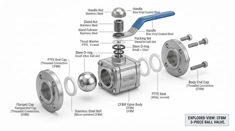 bản vẽ kỹ thuật chi tiết dạng hình chiếu tháo rời của van bi thép không gỉ CF8M. Hiển thị tất cả các bộ phận bên trong được tách rời và dán nhãn, bao gồm thân van CF8M, bi thép không gỉ, trục van, gioăng PTFE, phớt trục van, vòng chữ O, đai
