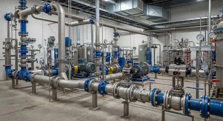 Một mô hình nhà máy công nghiệp thực tế sử dụng van bi Malaysia được lắp đặt trên đường ống thép không gỉ và gang dẻo.