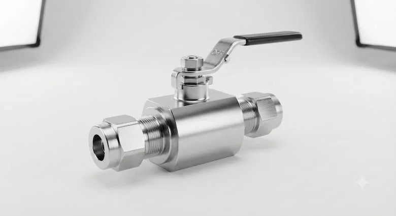 hình ảnh 3D sản phẩm siêu thực của một van bi bằng thép không gỉ dạng ống với khớp nối ống kép ở cả hai đầu, thân được gia công chính xác, tay cầm cần xoay ¼ vòng, bề mặt hoàn thiện SS316 được đánh bóng