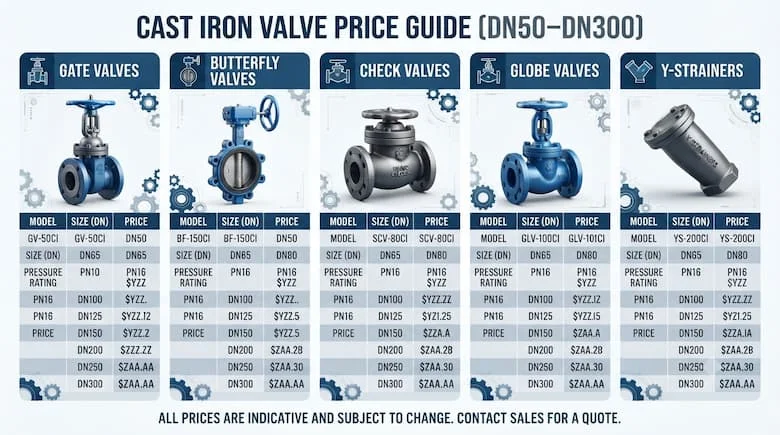 một infographic chuyên nghiệp minh họa bảng giá van gang. Hiển thị các loại van gang khác nhau bao gồm van cổng, van bướm, van một chiều, van cầu và bộ lọc chữ Y trong các phần
