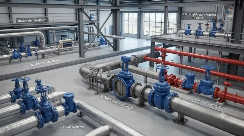 một khung cảnh công nghiệp thực tế thể hiện các van gang được lắp đặt trong nhiều ứng dụng khác nhau, bao gồm đường ống cấp nước đô thị, hệ thống phòng cháy chữa cháy (PCCC)