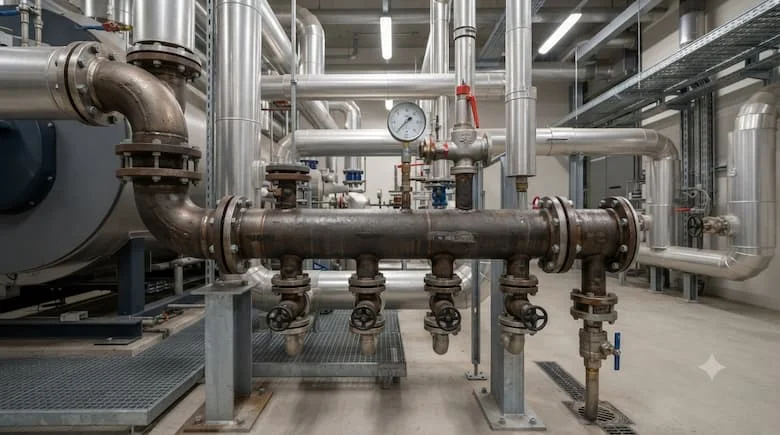 Một bộ chia hơi công nghiệp chất lượng cao (ống dẫn hơi) làm bằng thép carbon với nhiều nhánh đầu ra, các mối nối mặt bích, đồng hồ đo áp suất, van an toàn và van xả