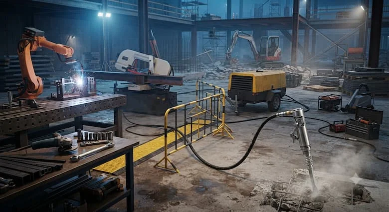 một cảnh công nghiệp thực tế thể hiện búa khí nén được kết nối với máy nén khí và được sử dụng để phá dỡ bê tông và gia công kim loại bên trong một công trường xây dựng và xưởng cơ khí