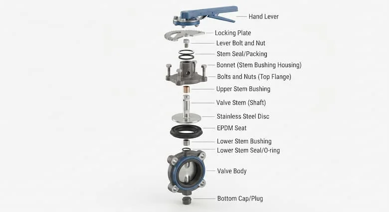 hình minh họa chi tiết dạng tháo rời của van bướm KITZ 2 inch, thể hiện tất cả các bộ phận bên trong bao gồm thân van, đĩa thép không gỉ, trục, gioăng EPDM, vòng chữ O, bạc lót, cần gạt tay, tấm khóa, phớt trục, bu lông và ốc vít