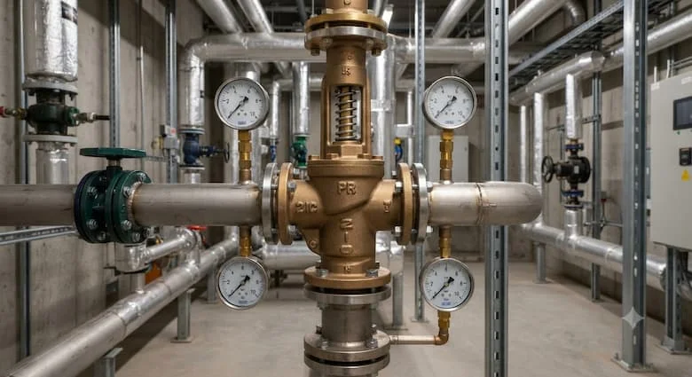 Ảnh chụp công nghiệp độ phân giải cao về một van giảm áp bằng đồng thau (PRV) được lắp đặt trên đường ống cấp nước của một tòa nhà cao tầng hiện đại.