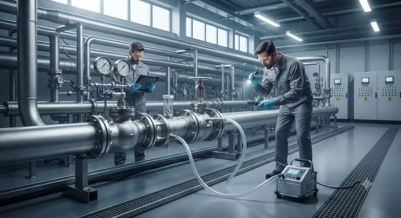 một cảnh kiểm tra công nghiệp thực tế, thể hiện các kỹ sư đang thực hiện kiểm tra áp suất và kiểm tra rò rỉ trên một van nước đã được sửa chữa. Bao gồm đồng hồ đo áp suất, đường ống thép không gỉ sạch sẽ, thiết bị kiểm tra lưu lượng nước và các kỹ thuật viên đang kiểm tra rò rỉ sau khi bảo trì