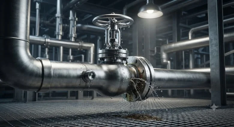 một van nước công nghiệp thực tế với khả năng quan sát rò rỉ nước từ gioăng trục, khớp nối ren và gioăng mặt bích. Hiển thị các giọt nước nhỏ thoát ra từ các điểm rò rỉ khi van được lắp đặt trên đường ống thép không gỉ
