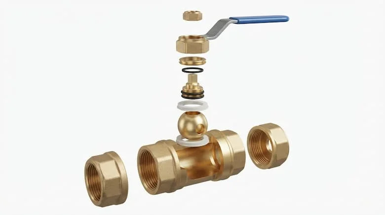 Hình ảnh kỹ thuật 3D chi tiết cao của một van nước gia dụng, thể hiện tất cả các bộ phận bên trong bao gồm thân van