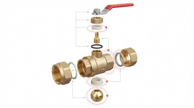 bản vẽ kỹ thuật chi tiết dạng tháo rời của van bi nước bằng đồng thau, thể hiện tất cả các bộ phận bên trong được tách rời, bao gồm thân van, bi, trục van, gioăng PTFE, vòng chữ O