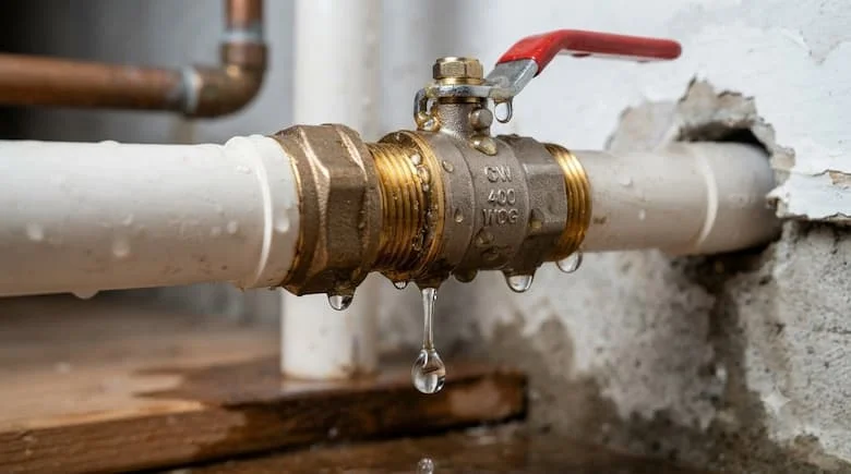 quay cận cảnh chân thực về một van nước bị rò rỉ trong hệ thống đường ống nước gia đình