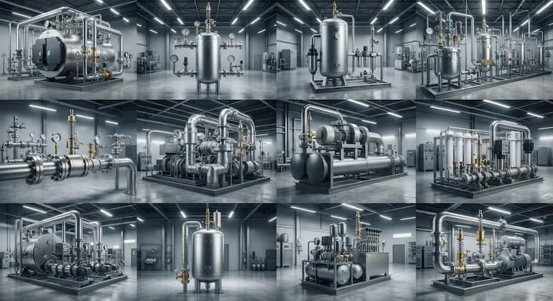 một bức tranh ghép công nghiệp chân thực minh họa các van an toàn lò xo được lắp đặt trong hệ thống nồi hơi, bình áp lực, hệ thống khí nén, nhà máy chế biến hóa chất, đường ống dẫn dầu khí, nhà máy điện, thiết bị HVAC và các cơ sở xử lý nước công nghiệp.