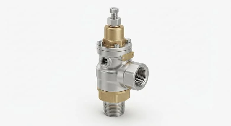 bản dựng 3D sản phẩm siêu thực của một van an toàn lò xo công nghiệp làm bằng thép không gỉ và đồng thau, với thân van được gia công chính xác, vít điều chỉnh áp suất, vỏ lò xo, các kết nối đầu vào và đầu ra có ren, và lớp hoàn thiện kim loại được đánh bóng