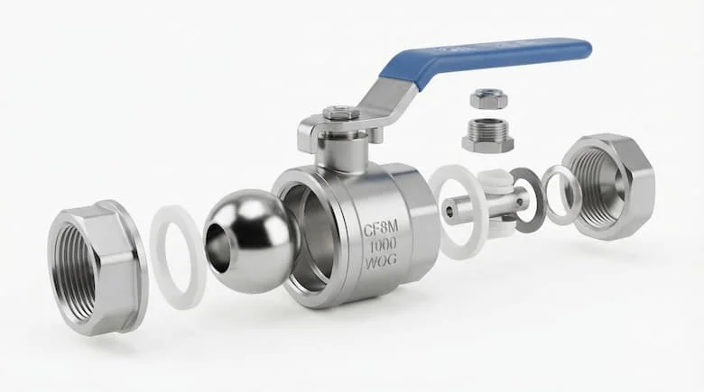 Hình ảnh kỹ thuật 3D chi tiết cao của van bi thép không gỉ CF8M 1000 WOG, hiển thị tất cả các bộ phận bên trong bao gồm thân van thép không gỉ CF8M, bi van thép không gỉ