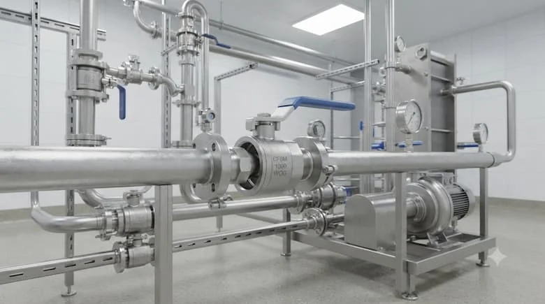 Van bi ren bằng thép không gỉ CF8M 1000 WOG được lắp đặt trong hệ thống đường ống công nghiệp hiện đại vận chuyển nước, dầu hoặc khí đốt.