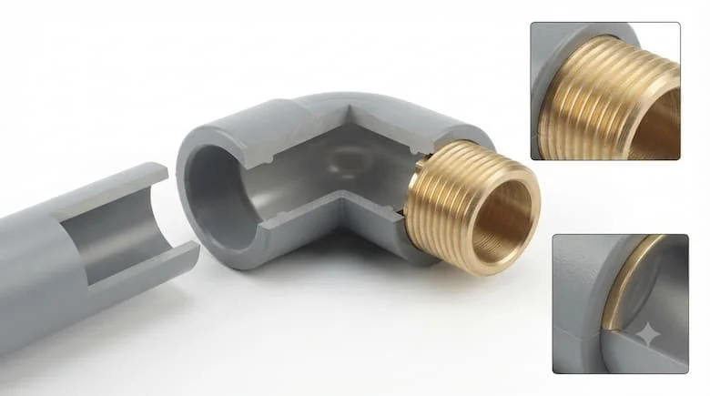 ảnh 3D chi tiết, mặt cắt và hình chiếu tách rời của một khớp nối khuỷu 90 độ ren ngoài 21mm, thể hiện thân PVC, phần ren ngoài bằng đồng thau