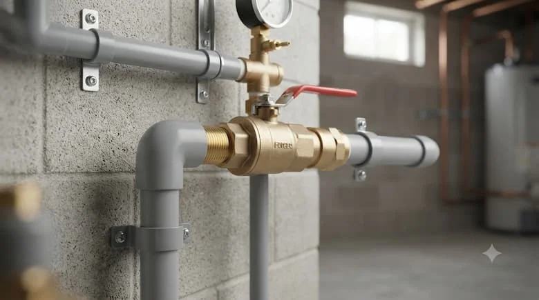 khớp nối khuỷu ren ngoài 21mm được lắp đặt trong hệ thống cấp nước dân dụng hiện đại, kết nối các ống PVC với van bi bằng đồng thau.