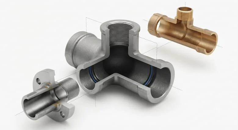 Hình minh họa 3D cắt ngang thực tế của một phụ kiện chữ T trong ngành công nghiệp, thể hiện cấu trúc bên trong, bao gồm ba cổng kết nối, cấu hình chữ T đều và chữ T giảm, kết nối kiểu ổ cắm và ren, độ dày thành ống, bề mặt làm kín và đường dẫn dòng chảy chất lỏng
