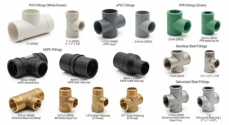 Ảnh chụp chuyên nghiệp độ phân giải cao về các phụ kiện nối ống chữ T cao cấp (ống nước) được làm từ PVC, uPVC, PPR, HDPE, thép không gỉ, đồng thau và thép mạ kẽm. Hiển thị nhiều kích cỡ với thiết kế chữ T đồng đều và chữ T giảm