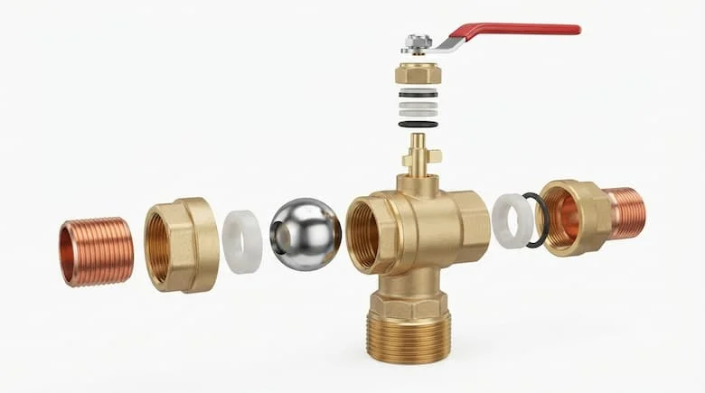 thể hiện các bộ phận bên trong bao gồm thân van bằng đồng thau, bi van mạ crom, trục van, gioăng PTFE, vòng đệm, vòng chữ O, miếng đệm và các mối nối ống ren.