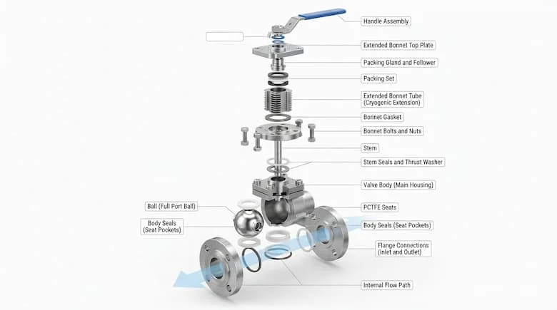 bản vẽ kỹ thuật 3D chi tiết dạng tách rời của van bi đông lạnh có nắp mở rộng. Hiển thị tất cả các bộ phận bên trong bao gồm thân van bằng thép không gỉ, bi van, trục van, nắp mở rộng, cụm gioăng, vòng đệm PCTFE