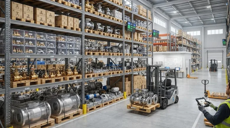 một nhà kho công nghiệp thực tế với các kệ được sắp xếp gọn gàng chứa đầy các loại van công nghiệp cao cấp với nhiều kích cỡ khác nhau, bao gồm van đồng thau, van thép không gỉ, van mặt bích, van ren và các phụ kiện van được đóng gói trong thùng carton và pallet