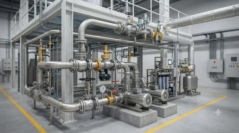 một hệ thống đường ống công nghiệp thực tế sử dụng các van công nghiệp chất lượng cao được lắp đặt trong môi trường nhà máy. Thể hiện các đường ống thép không gỉ, máy bơm