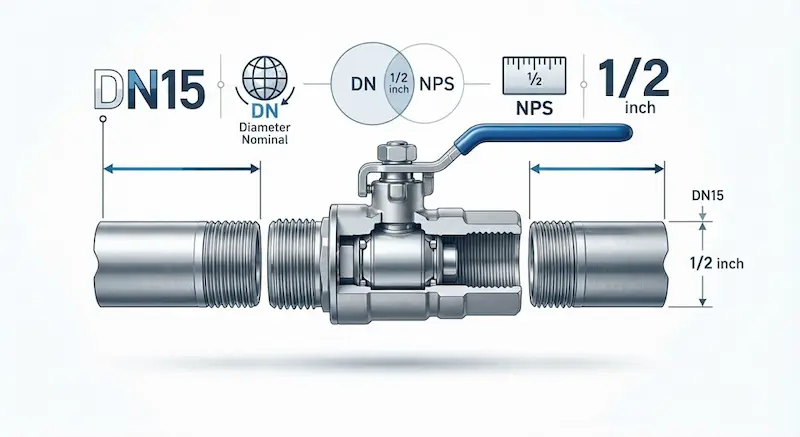 Minh họa mối quan hệ giữa DN15 và 1/2 inch trong hệ thống đường ống công nghiệp