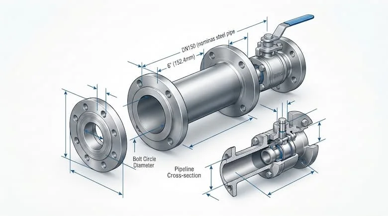 bản vẽ kỹ thuật chuyên nghiệp thể hiện kích thước danh nghĩa ống DN150 với so sánh kích thước thực tế